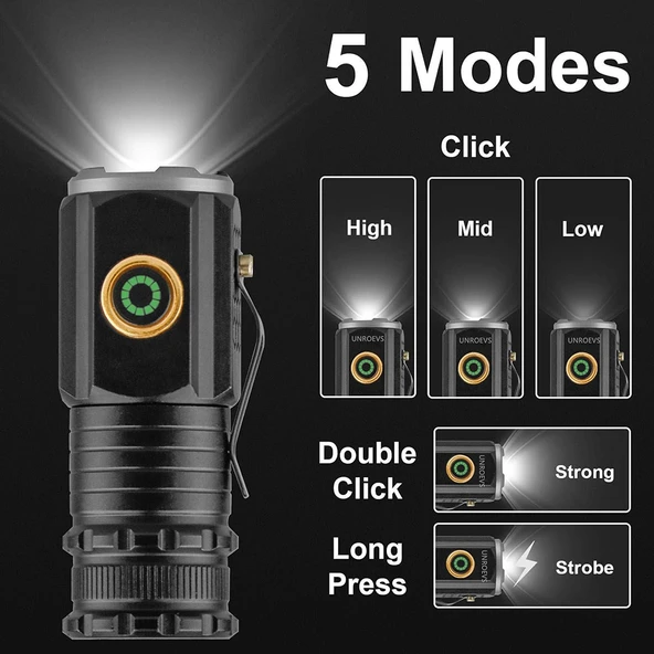 Mini LED Fener - Şarj Edilebilir - Su Geçirmez - 2000 Lumen - 8 Saat Pil Ömrü - 511 - 5