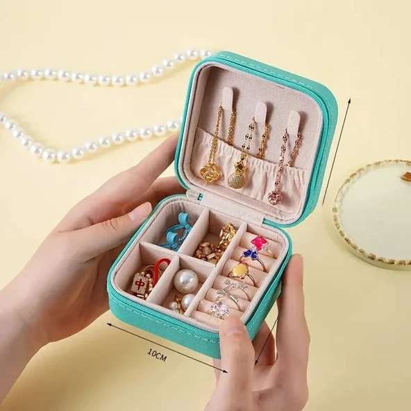 Mini Taşınabilir PU Deri Takı Saklama Kutusu - Yeşil - 3