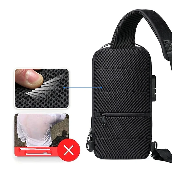 Erkek USB Çapraz Askılı Anti-Hırsız Omuz Çantası - Siyah - Su Geçirmez - Oxford - 3