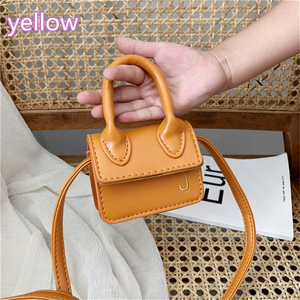 Kız Çocuk Mini PU Deri Çapraz Çanta - Sarı - Sevimli Bozuk Para Çantası
