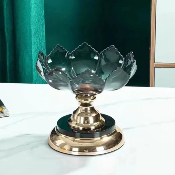 Kristal Dönme Özellikli İki Katlı Meyve Tabağı - Sarı Lotus Desenli - 12