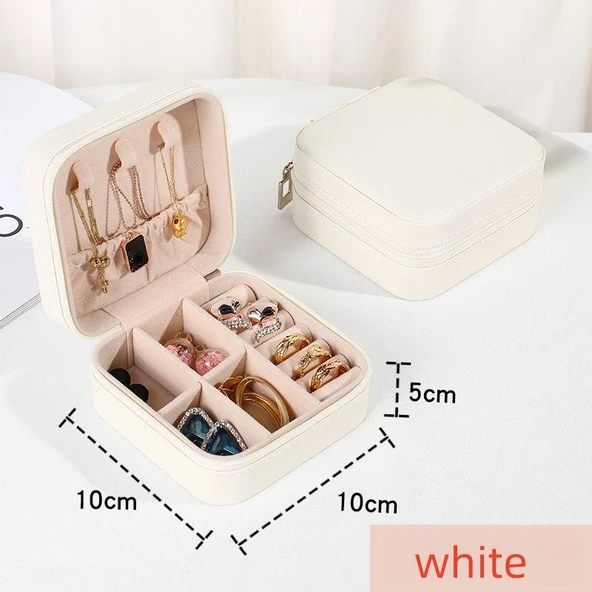 Mini Taşınabilir PU Deri Takı Saklama Kutusu - Beyaz - 15 cm Yükseklik