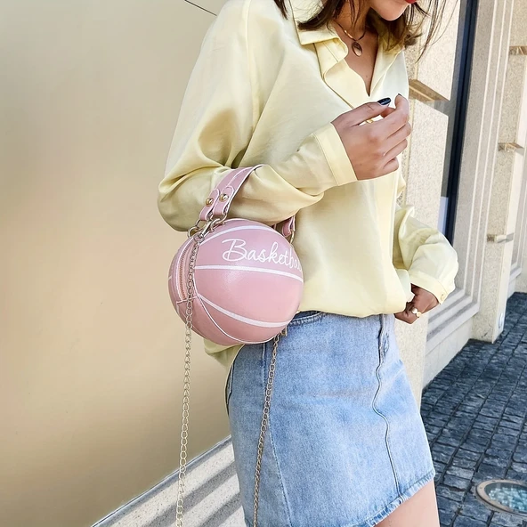 Basketbol Şeklinde Omuz Çantası - Pembe - 7