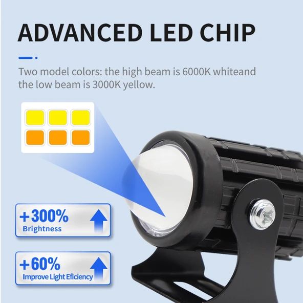 Motosiklet LED Farı - Tek Paket - Çift Renk Yüksek/Düşük Işık - 5