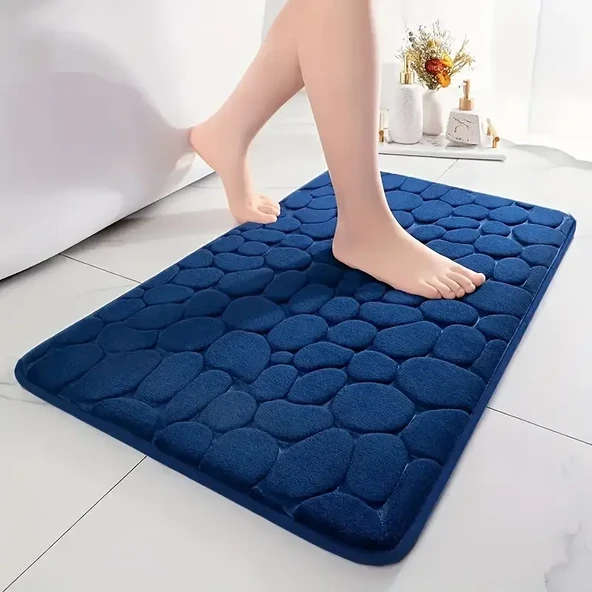 3D Kaymaz Taş Desenli Banyo Paspası - Lacivert 40x60cm