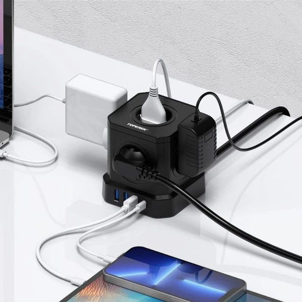 Kompakt Küp Avrupa Standartı Çoklu Priz - USB - 2 Metre - 2