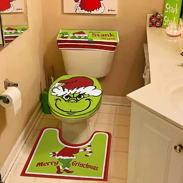 Noel Tuvalet Kapağı Seti - Çok Renkli - 4 Parça Banyo Dekorasyonu - 3