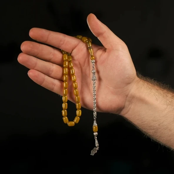 925 Ayar Gümüş Püsküllü Sarı Sıkma Kehribar Tesbih ürün görseli 1