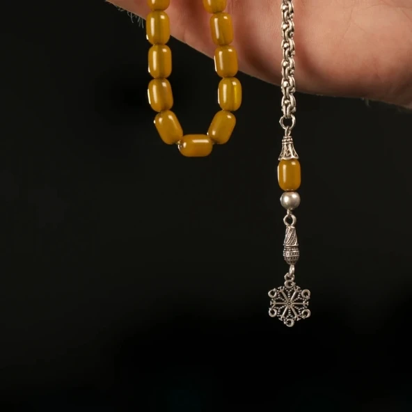 925 Ayar Gümüş Püsküllü Sarı Sıkma Kehribar Tesbih - Resim 2