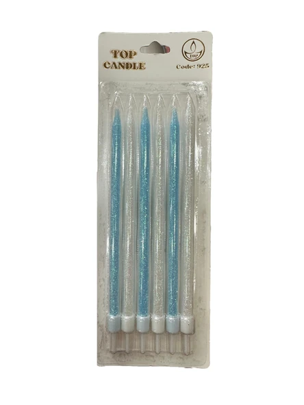 Simli Doğum Günü Parti Süs Pasta Mumu - Mavi / Beyaz- 15 Cm. - 6 Adetlik Paket