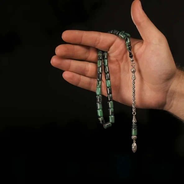 925 Ayar Püsküllü Yeşil-Siyah Katalin Tesbih - 3