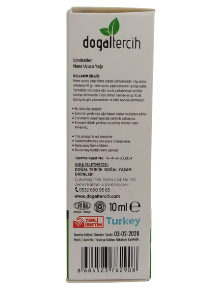 Doğaltercih %100 Saf Katkısız Nane Uçucu Yağı (Peppermint Oil) 10 ml, Damlalıklı Şişede Seyreltilmemiş Nane Yağı - 4
