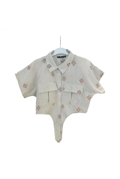 1040 ÖNÜ BAĞLAMALI KETEN CROP GÖMLEK