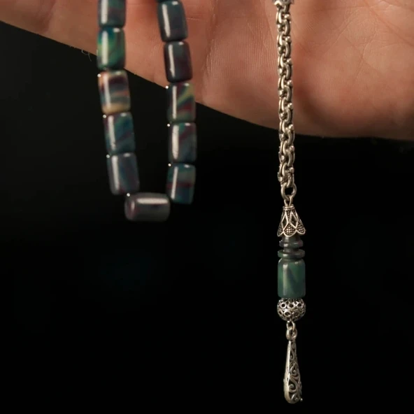 Gümüş Püsküllü 925 Ayar Katalin Renk Süzmesi Tesbih - Resim 2