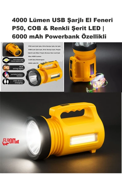 ULTRA GÜÇLÜ 4000 Lümen USB Şarjlı El Feneri P50, COB & Renkli Şerit LED | Powerbank Özelikli Deprem