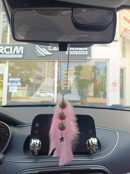 Disko Toplu Metal Yıldız Dikiz Ayna Süsü Şeker Pembe Tüylü