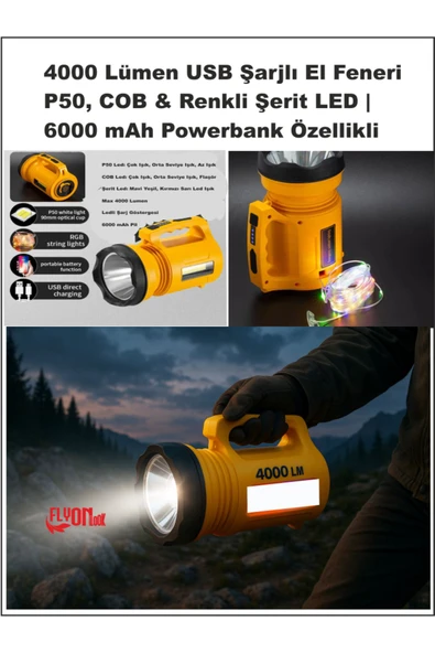 ULTRA GÜÇLÜ 4000 Lümen USB Şarjlı El Feneri P50, COB & Renkli Şerit LED | Powerbank Özelikli Deprem - 3