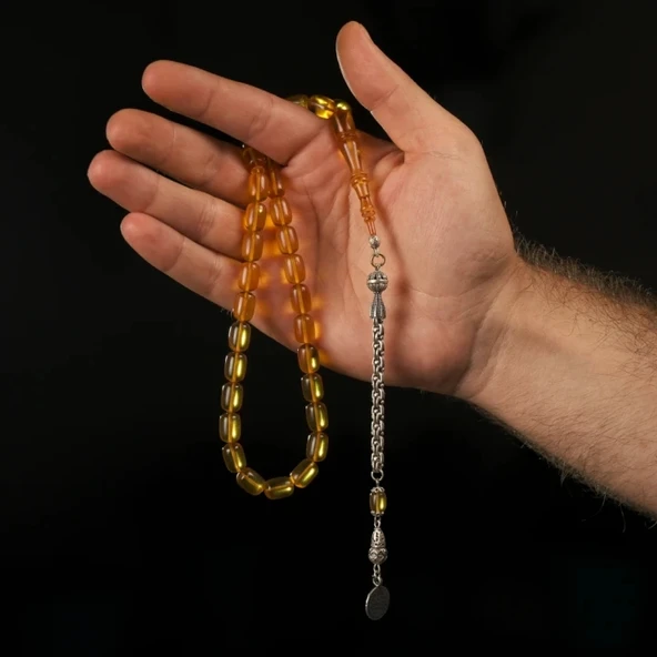 925 Ayar Gümüş Püsküllü Ateş Kehribar Tesbih - 4