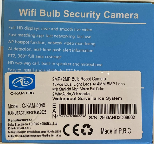 O-KAM-4046 Wifi Ampül Kamera 2 Lens Mikrofon - 2
