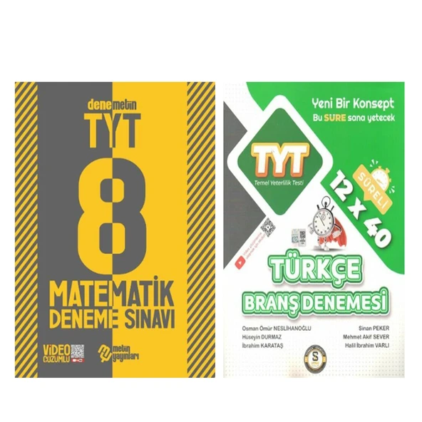 Metin TYT Matematik 8 Deneme ve Süre Türkçe 12 x 40 Branş Denemesi Seti 2 Kitap