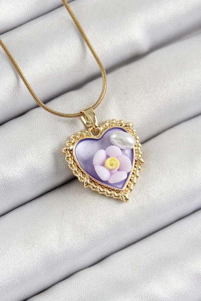 Zincir Mor Sanatsal Portre İnci Detaylı Papatya Figürlü Kalp Model Gold Renk Kadın Kolye - EBJ250605W34537 ürün görseli
