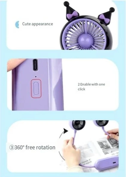 Fan Kuromi Şarjlı Boyun Fanı Vantilatör USB Şarj Taşınabilir - 3