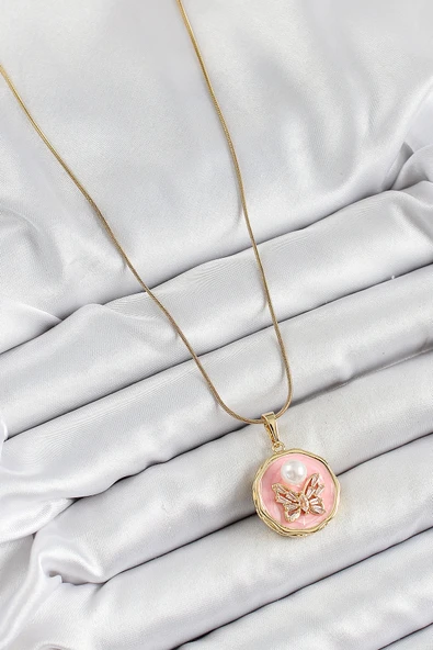 Zincir Zirkon Taşlı Pembe Sanatsal Portre İnci Detaylı Kelebek Model Gold Renk Kadın Kolye - EBJ250605W34541 - Resim 2