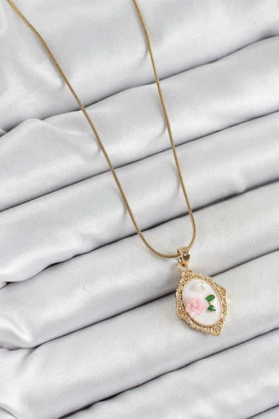 Zincir Beyaz Sanatsal Portre İnci Detaylı Gül Figürlü Model Gold Renk Kadın Kolye - EBJ250605W34547 - Resim 2