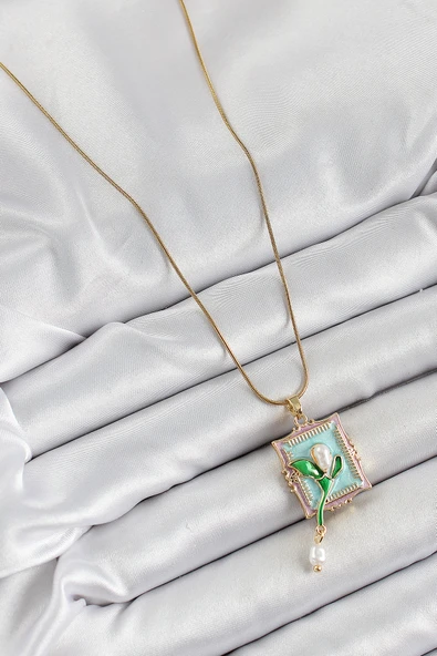 Zincir Turkuaz Sanatsal Portre Sallantılı İnci Detaylı Lale Model Gold Renk Kadın Kolye - EBJ250605W34545 - Resim 2
