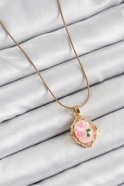 Zincir Pembe Sanatsal Portre İnci Detaylı Gül Figürlü Model Gold Renk Kadın Kolye - EBJ250605W34546 - Resim 2
