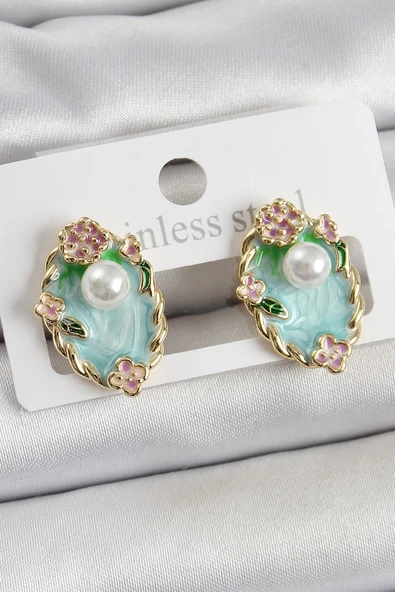 Pirinç Yeşil Mineli İnci Detaylı Sanatsal Portre Model Gold Renk Kadın Küpe - EBJ250605W34602 ürün görseli