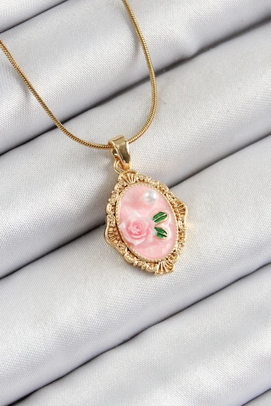 Zincir Pembe Sanatsal Portre İnci Detaylı Gül Figürlü Model Gold Renk Kadın Kolye - EBJ250605W34546 ürün görseli