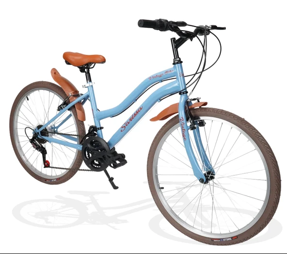 Sarissa Vintage 24" Jant 21 Vites Çelik Kadro V Fren Unisex Şehir Bisikleti Mavi Kahverengi Lastik - Resim 2