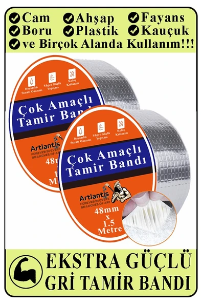 Çok Amaçlı Tamir Bandı 2 Adet Su Geçirmez Sızdırmaz Isıya Dayanıklı Sakız İzole Gri Tamir Bant 48mm 1.5 Metre