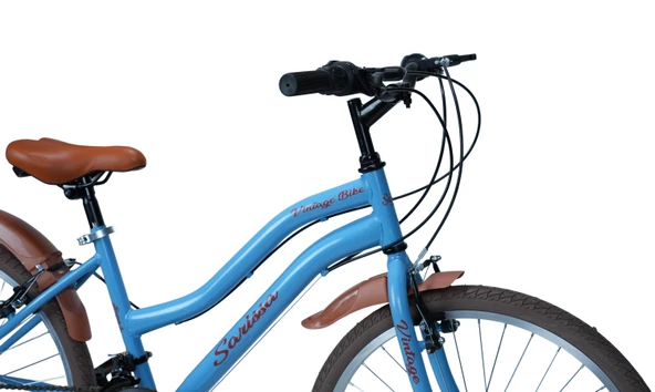 Sarissa Vintage 24" Jant 21 Vites Çelik Kadro V Fren Unisex Şehir Bisikleti Mavi Kahverengi Lastik - Resim 4