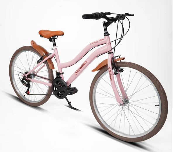 Sarissa Vintage 24" Jant 21 Vites Çelik Kadro V Fren Unisex Şehir Bisikleti Pembe Kahverengi Lastik - Resim 5