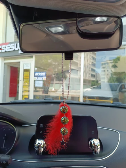 Disko Toplu Metal Yıldız Dikiz Ayna Süsü Kırmızı Tüylü