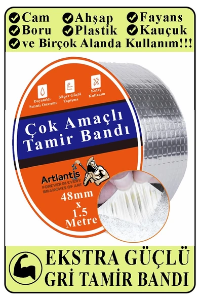Çok Amaçlı Tamir Bandı 1 Adet Su Geçirmez Sızdırmaz Isıya Dayanıklı Sakız İzole Gri Tamir Bant 48mm 1.5 Metre