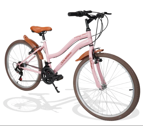 Sarissa Vintage 24" Jant 21 Vites Çelik Kadro V Fren Unisex Şehir Bisikleti Pembe Kahverengi Lastik - Resim 2