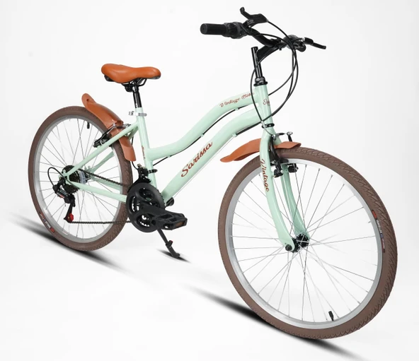 Sarissa Vintage 24" Jant 21 Vites Çelik Kadro V Fren Unisex Şehir Bisikleti Yeşil Kahverengi Lastik - Resim 2