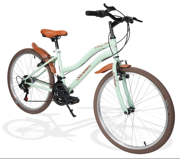 Sarissa Vintage 24" Jant 21 Vites Çelik Kadro V Fren Unisex Şehir Bisikleti Yeşil Kahverengi Lastik - Resim 5