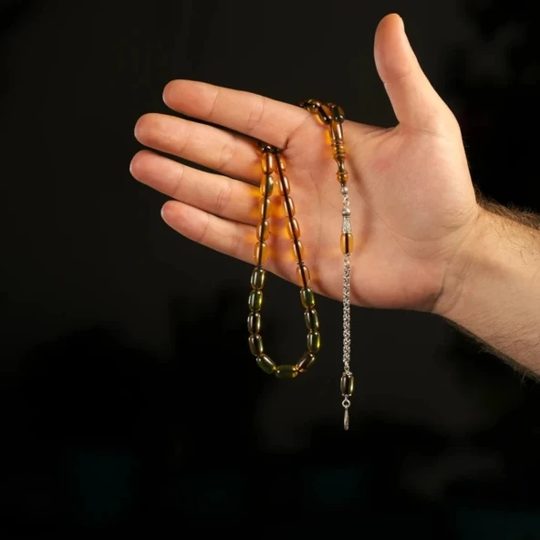 925 Ayar Gümüş Püsküllü Ateş Kehribar Tesbih ürün görseli 1