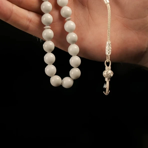 Mermer Taşı Doğal Taş 1000 Ayar Gümüş Püsküllü Tesbih - Resim 2