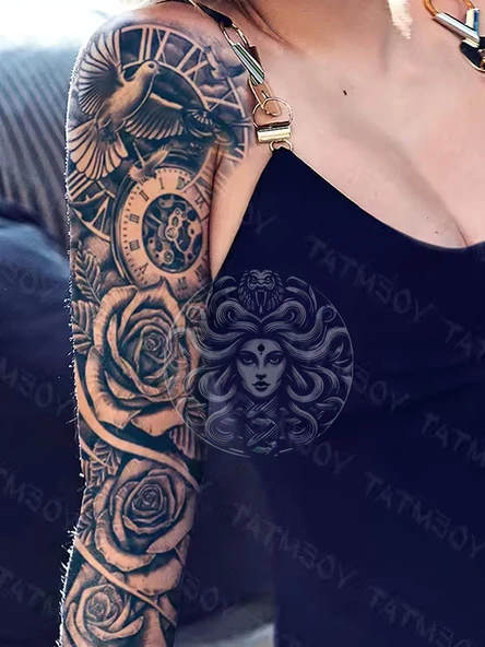 GZQB-063 YARI KALICI KUŞ SAAT VE GÜL DESEN KOL DÖVMESİ-TATTO ürün görseli