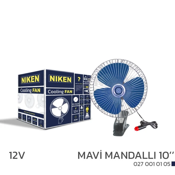 Araç Içi Vantilatör Mavi Mandallı 12v 10 inç üniversal model Niken