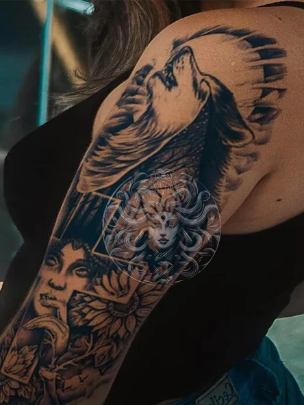 GZQB-065 YARI KALICI KURT HAÇ VE KADIN DESEN KOL DÖVMESİ-TATTO - 1