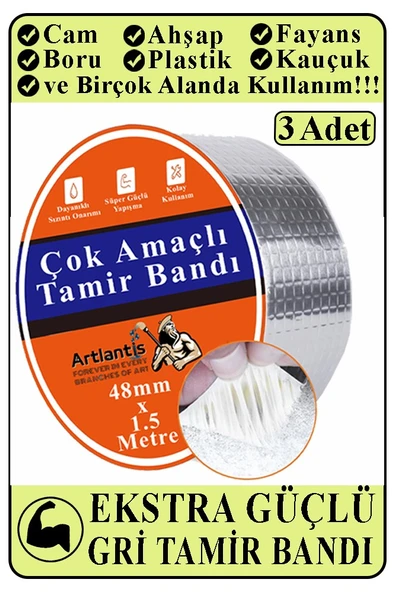 Çok Amaçlı Tamir Bandı 3 Adet Su Geçirmez Sızdırmaz Isıya Dayanıklı Sakız İzole Gri Tamir Bant 48mm 1.5 Metre