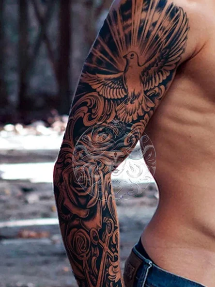 GZQB-053 YARI KALICI GÜVERCİN GÖZ GÜL VE ÇAPA DESEN KOL DÖVMESİ-TATTO