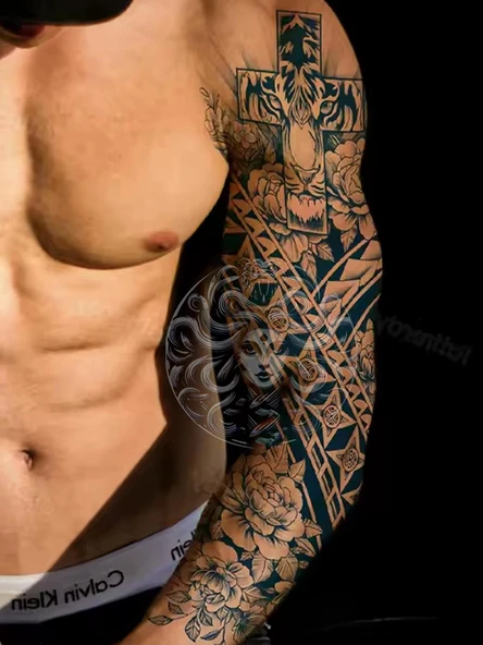 GZQB-050 YARI KALICI HAÇ VE ASLAN DESEN KOL DÖVMESİ-TATTO ürün görseli