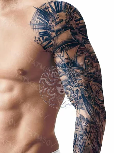 GZQB-064 YARI KALICI GEMİ PUSULA VE TÜY DESEN KOL DÖVMESİ-TATTO ürün görseli